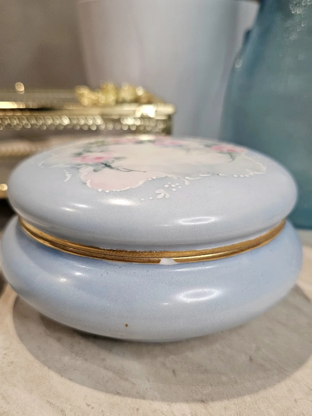 Hand Painted Porcelain Powder Box Limoges France Trinket Box Roses Gold Trim